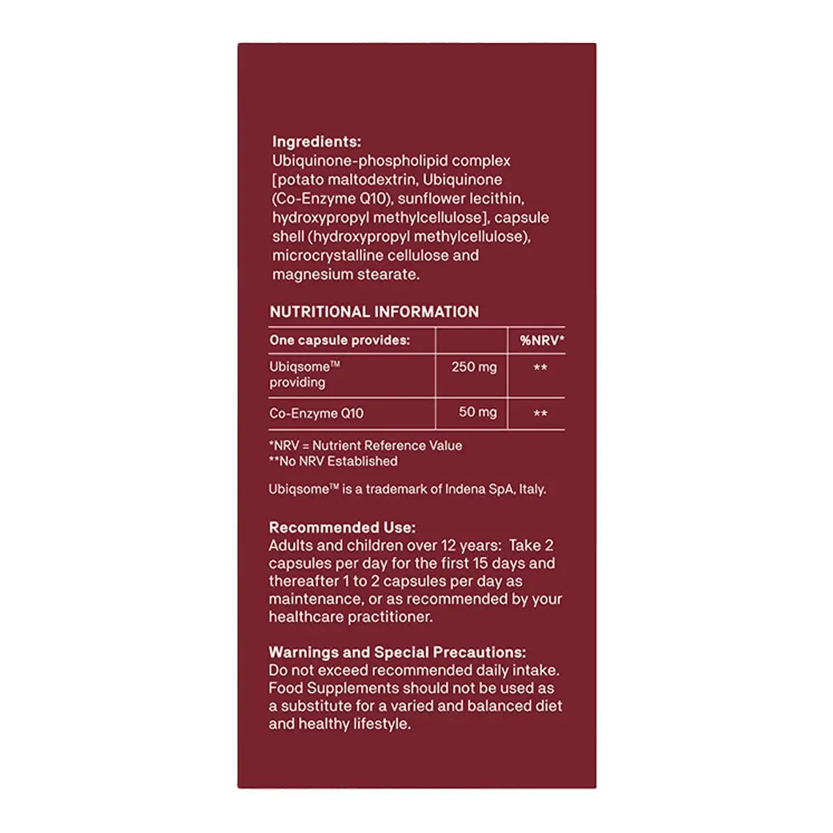 Ingredients and nutritional information for Natroceutics® Co-Enzyme CoQ10 30 caps, details on composition and usage.