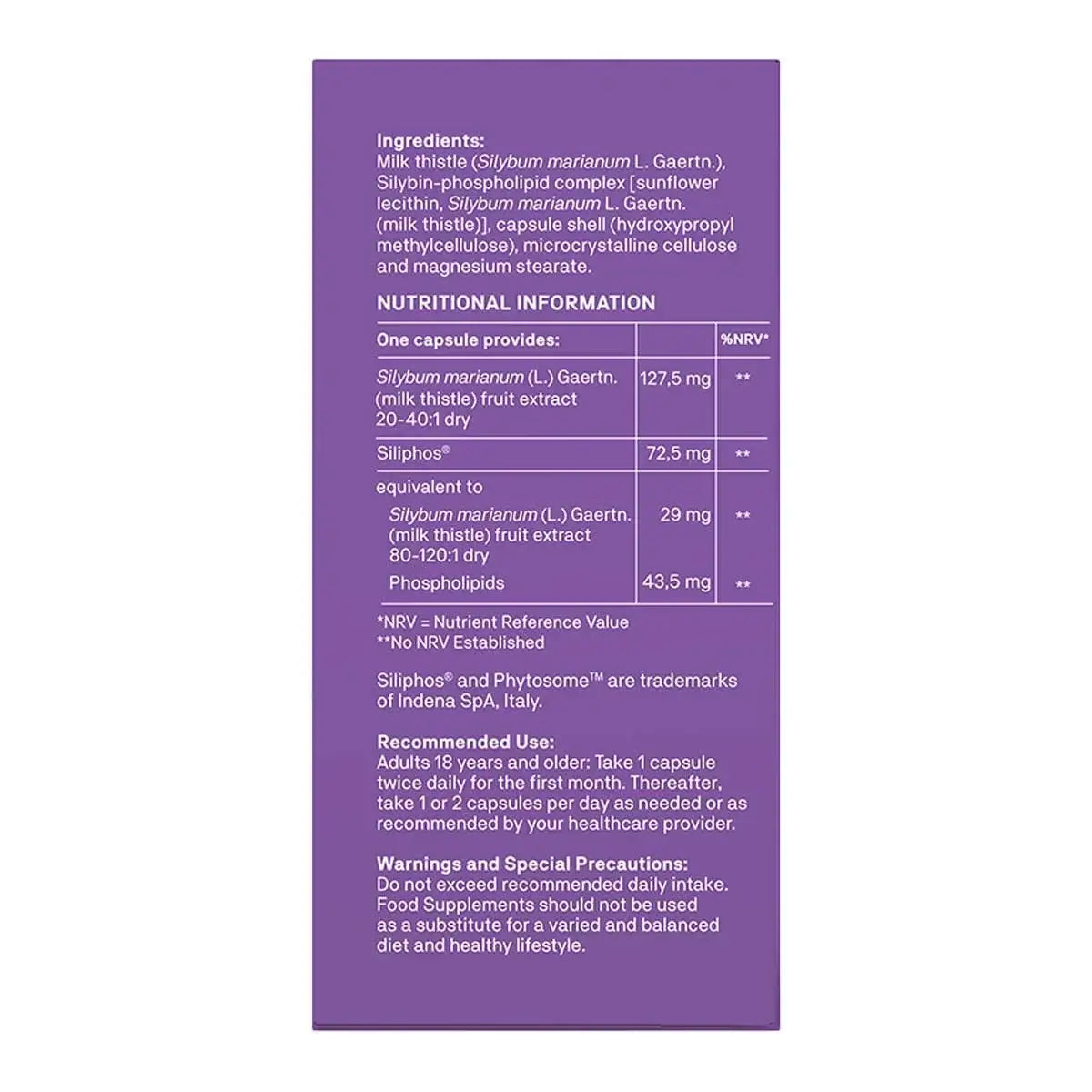 Natroceutics® Milk Thistle 60 caps nutritional information and ingredients panel.