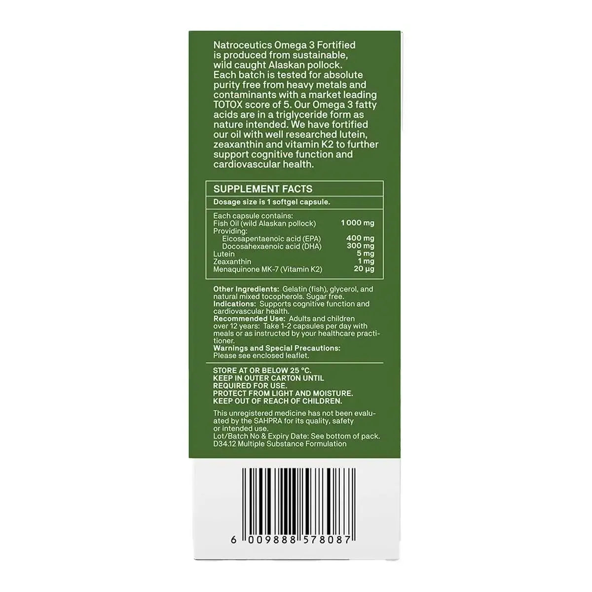 Natroceutics® Omega 3 Fortified 60 caps supplement facts and ingredients panel for eye, heart, and brain support.
