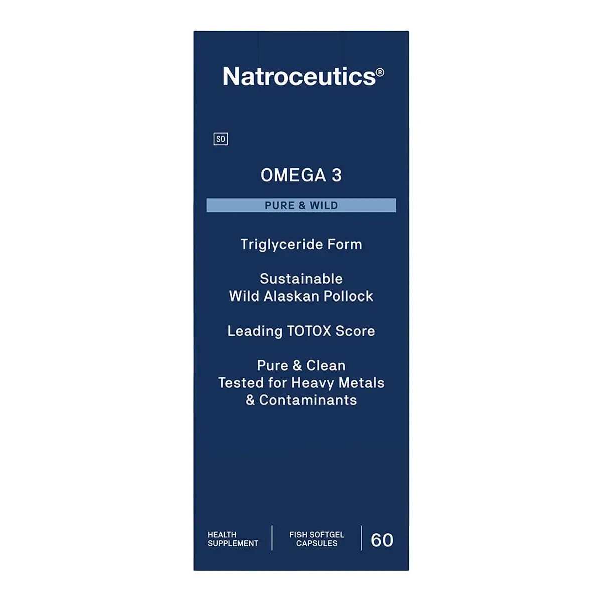 Natroceutics® Omega 3 Pure and Wild 60 caps box featuring sustainable wild-caught Alaskan pollock.