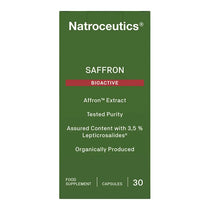 Natroceutics® Saffron BioActive 30 caps packaging showing affron® extract, tested purity, and organic production.