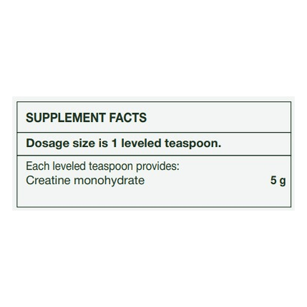 Supplement facts for Natroceutics® Creatine Bioactive 240g showing dosage size and creatine monohydrate content.
