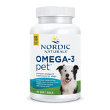 Nordic Naturals Omega-3 Pet For Dogs 90 Softgels bottle with a dog image, nutritional support for healthy skin and coat.