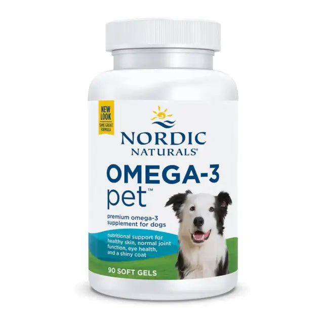 Nordic Naturals Omega-3 Pet For Dogs 90 Softgels bottle with a dog image, nutritional support for healthy skin and coat.
