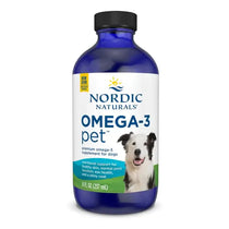 Nordic Naturals Omega-3 Pet Liquid 237ml fish oil supplement for dogs and cats in blue bottle.
