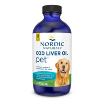 Nordic Naturals Pet Cod Liver Oil Liquid - Unflavoured 237ml in a blue bottle with a dog on the label.