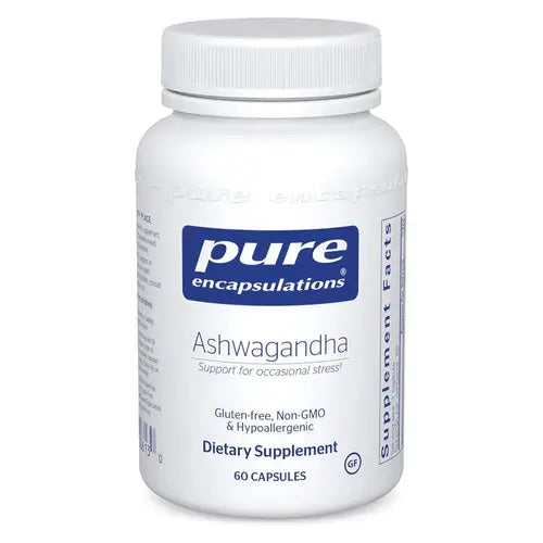 Pure Encapsulations Ashwagandha 60 Caps dietary supplement bottle for stress support.