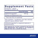 Supplement facts for Pure Encapsulations Ashwagandha 60 Caps showing KSM-66 Ashwagandha extract details.