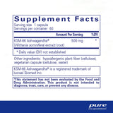 Supplement facts for Pure Encapsulations Ashwagandha 60 Caps showing KSM-66 Ashwagandha extract details.