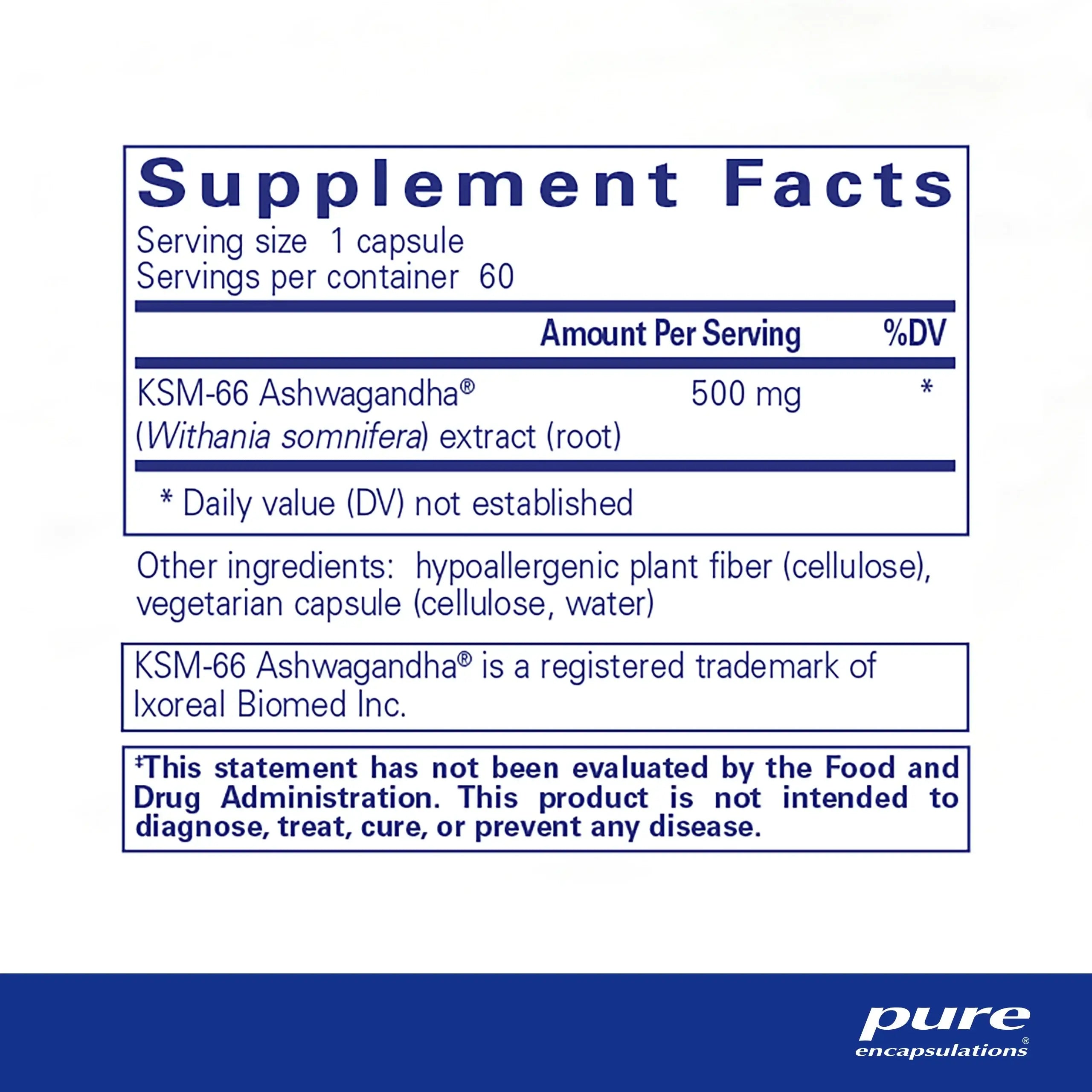 Supplement facts for Pure Encapsulations Ashwagandha 60 Caps showing KSM-66 Ashwagandha extract details.