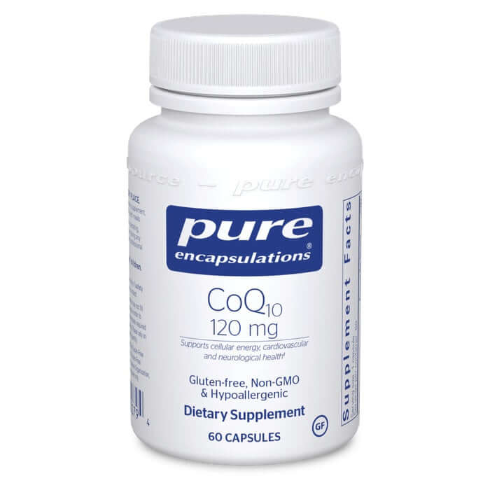 Pure Encapsulations CoQ10 120mg 30 Caps dietary supplement bottle for cellular energy and cardiovascular support.