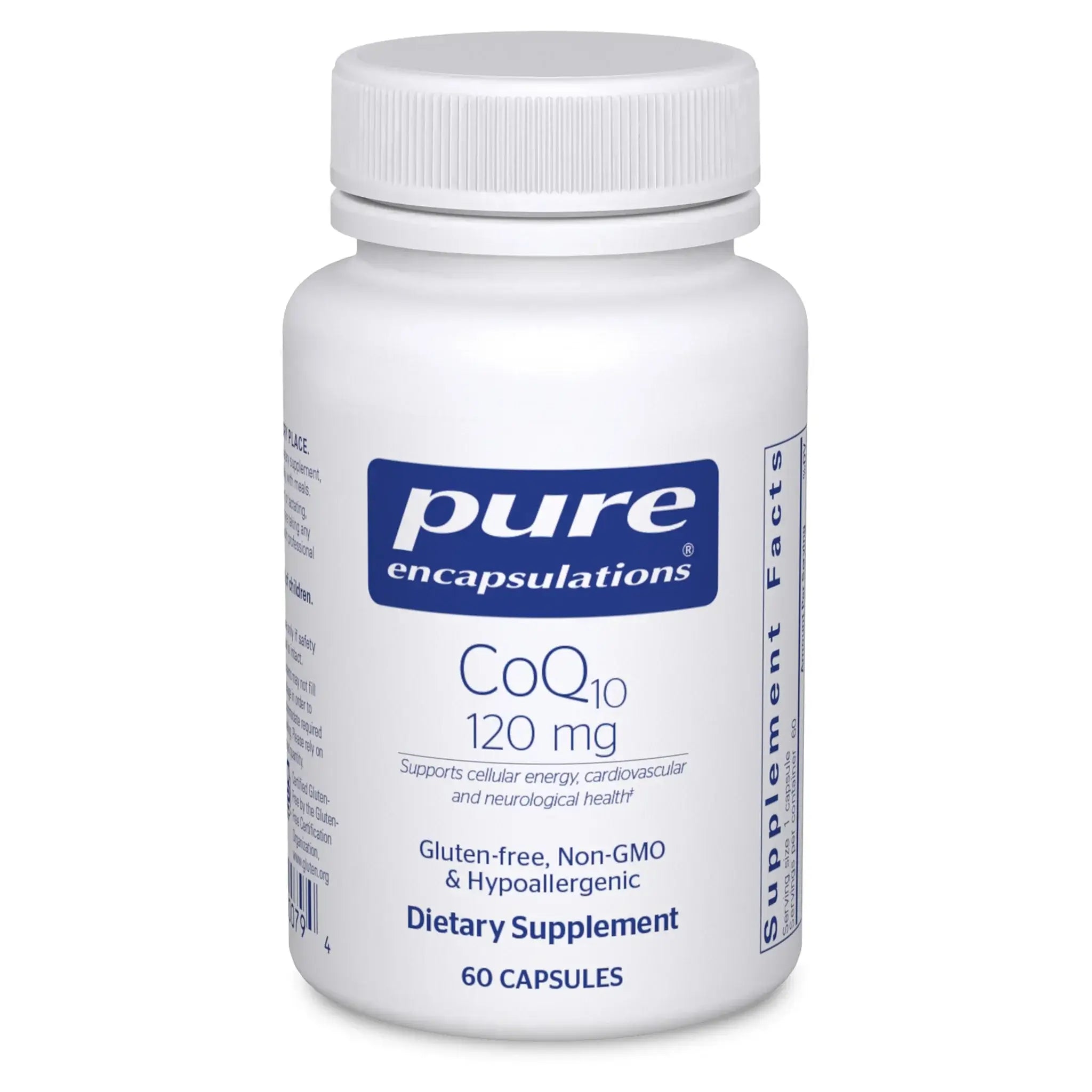 Pure Encapsulations CoQ10 120mg 60 Caps bottle for cellular energy and cardiovascular support.