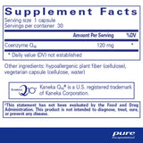 Supplement facts for Pure Encapsulations CoQ10 120mg 30 Caps, detailing coenzyme Q10 content and ingredients.