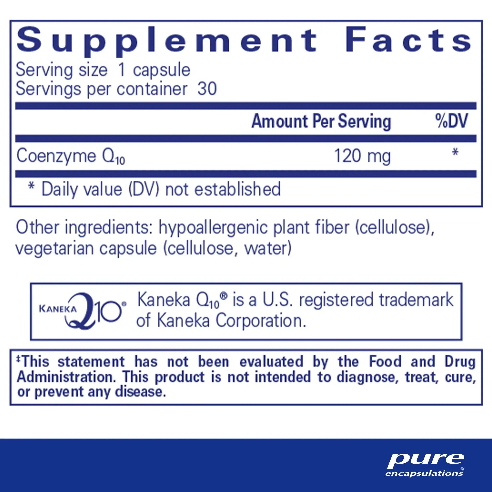 Supplement facts for Pure Encapsulations CoQ10 120mg 30 Caps, detailing coenzyme Q10 content and ingredients.