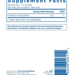 Supplement facts panel for Pure Encapsulations Creatine 315g highlighting creatine monohydrate content.