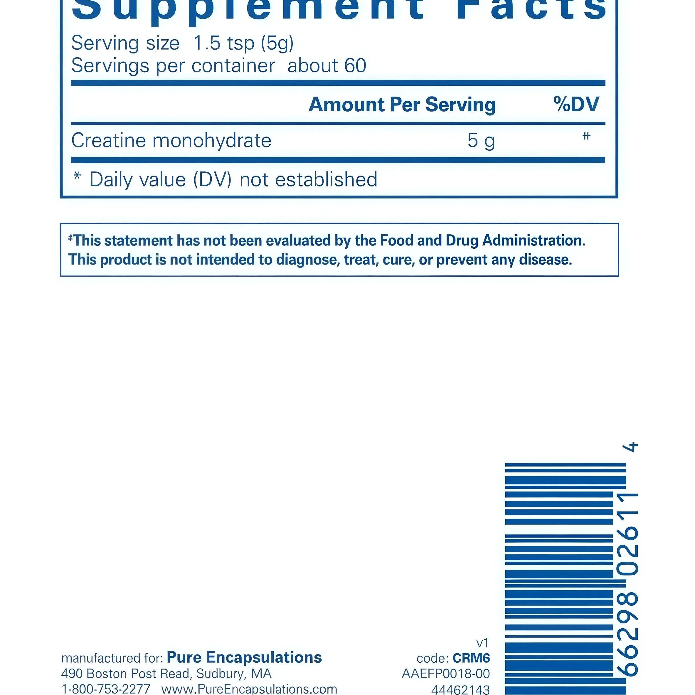 Supplement facts panel for Pure Encapsulations Creatine 315g highlighting creatine monohydrate content.