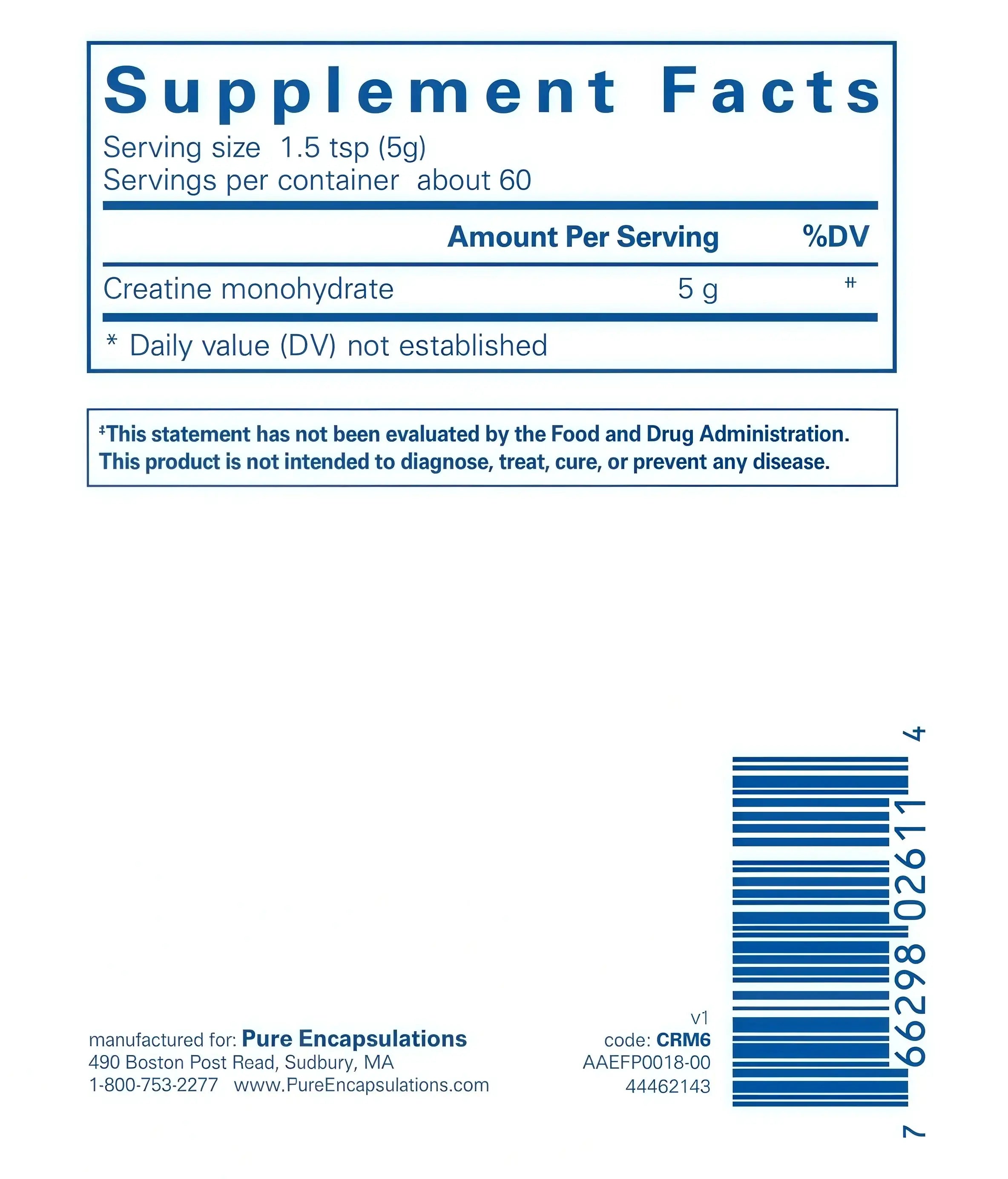 Supplement facts panel for Pure Encapsulations Creatine 315g highlighting creatine monohydrate content.