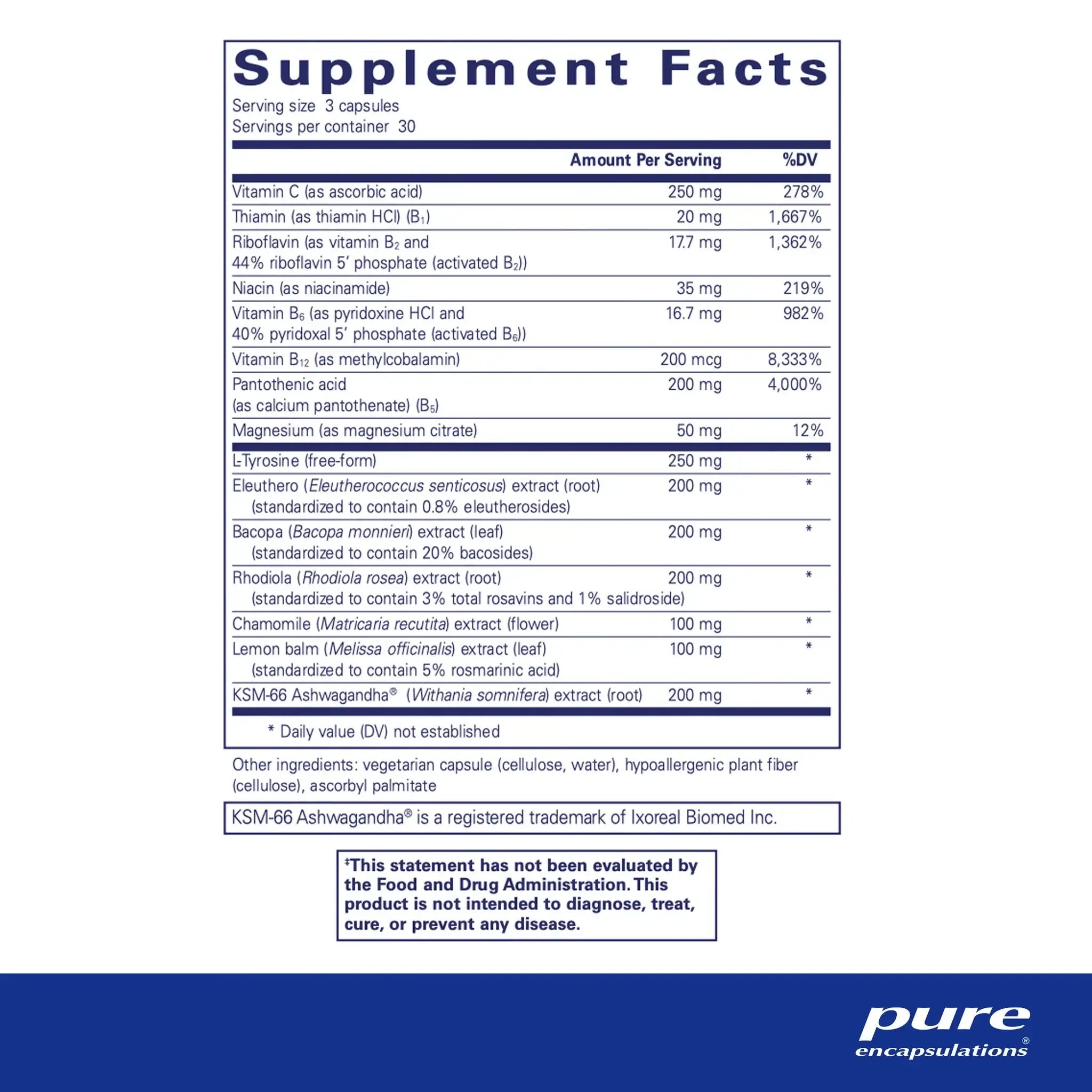 Supplement facts for Pure Encapsulations Daily Stress Formula 90 Caps with essential vitamins and herbs.