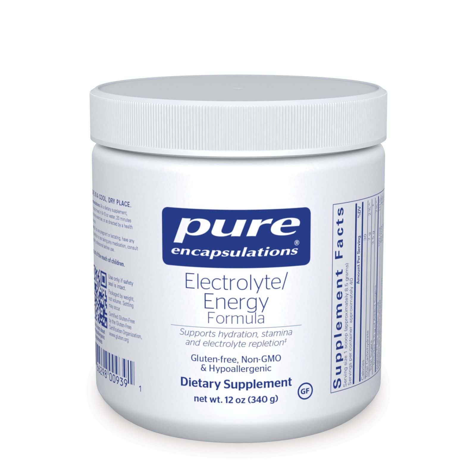 Pure Encapsulations Electrolyte Energy Formula 340g dietary supplement container for hydration and stamina support.