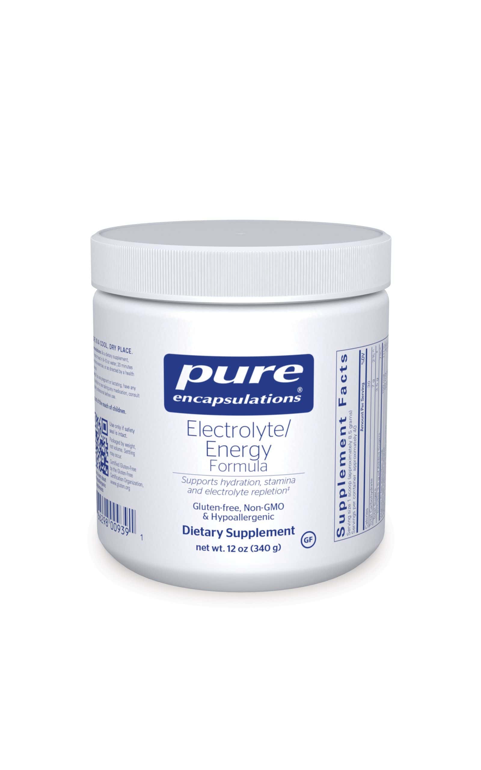 Pure Encapsulations Electrolyte Energy Formula 340g dietary supplement container for hydration and stamina support.