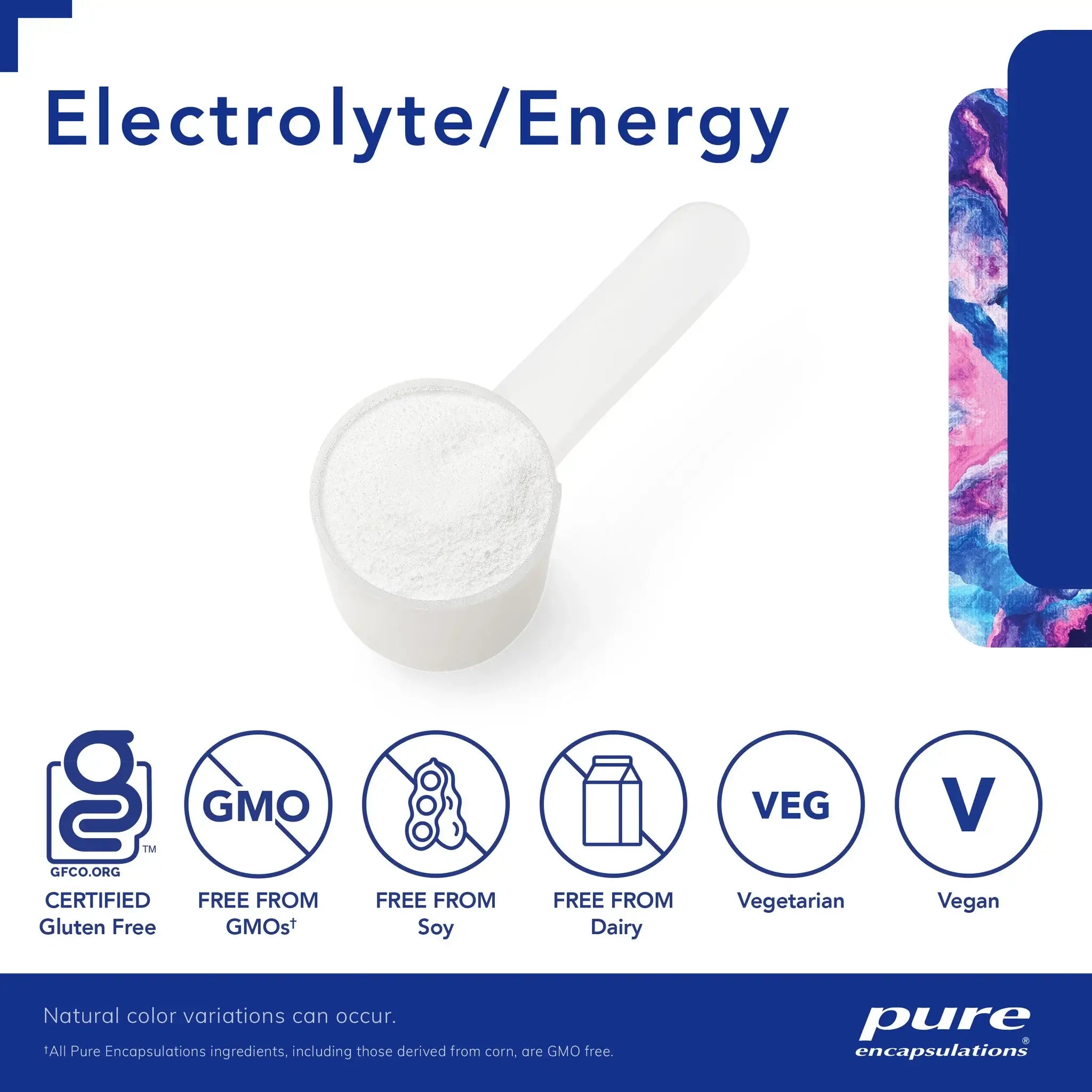 Pure Encapsulations Electrolyte Energy Formula 340g powder in scoop with gluten-free and vegan certifications.