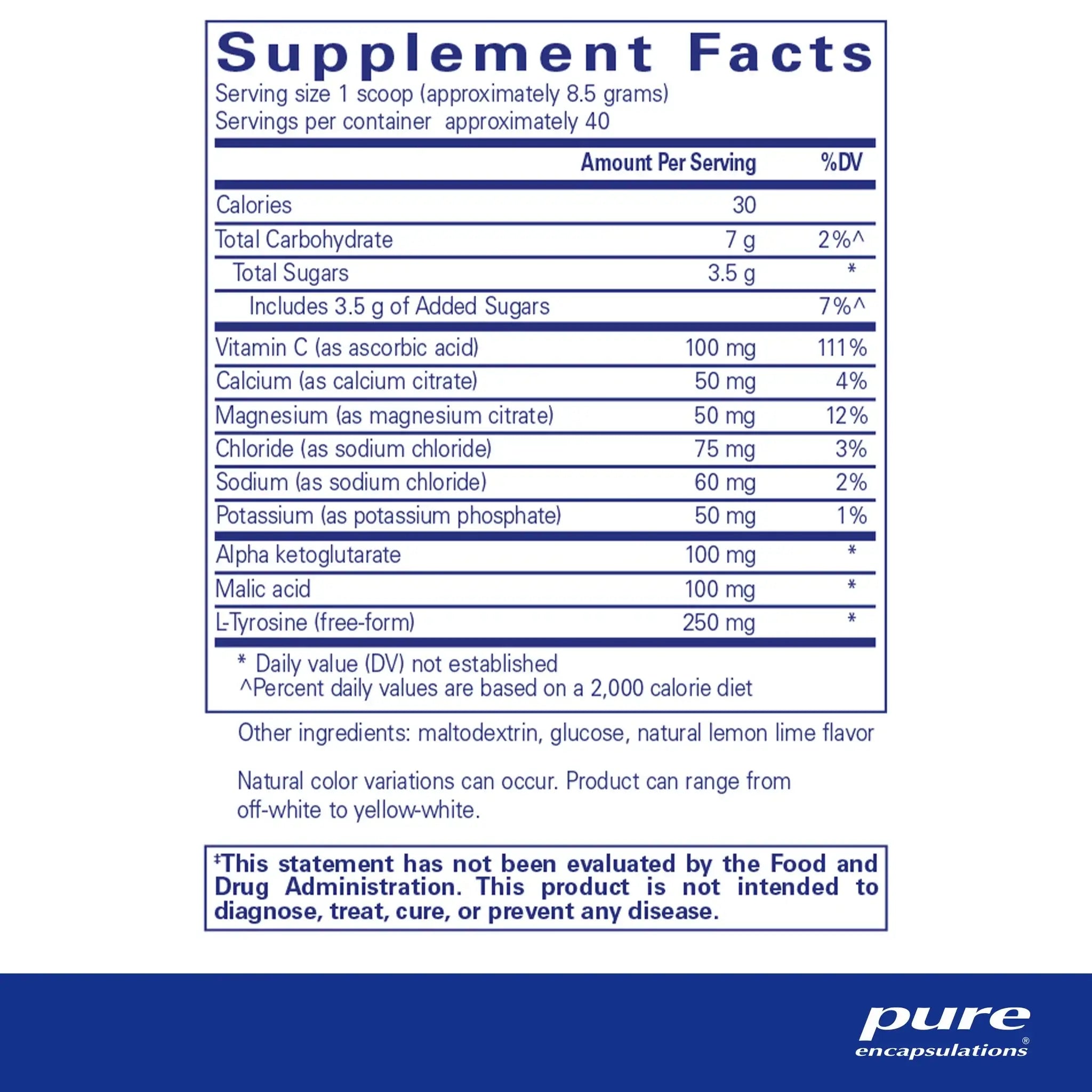 Supplement Facts for Pure Encapsulations Electrolyte Energy Formula 340g showing ingredients and nutritional information.
