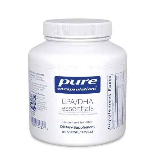 Pure Encapsulations EPA DHA Essentials 180 Caps dietary supplement in a softgel bottle.