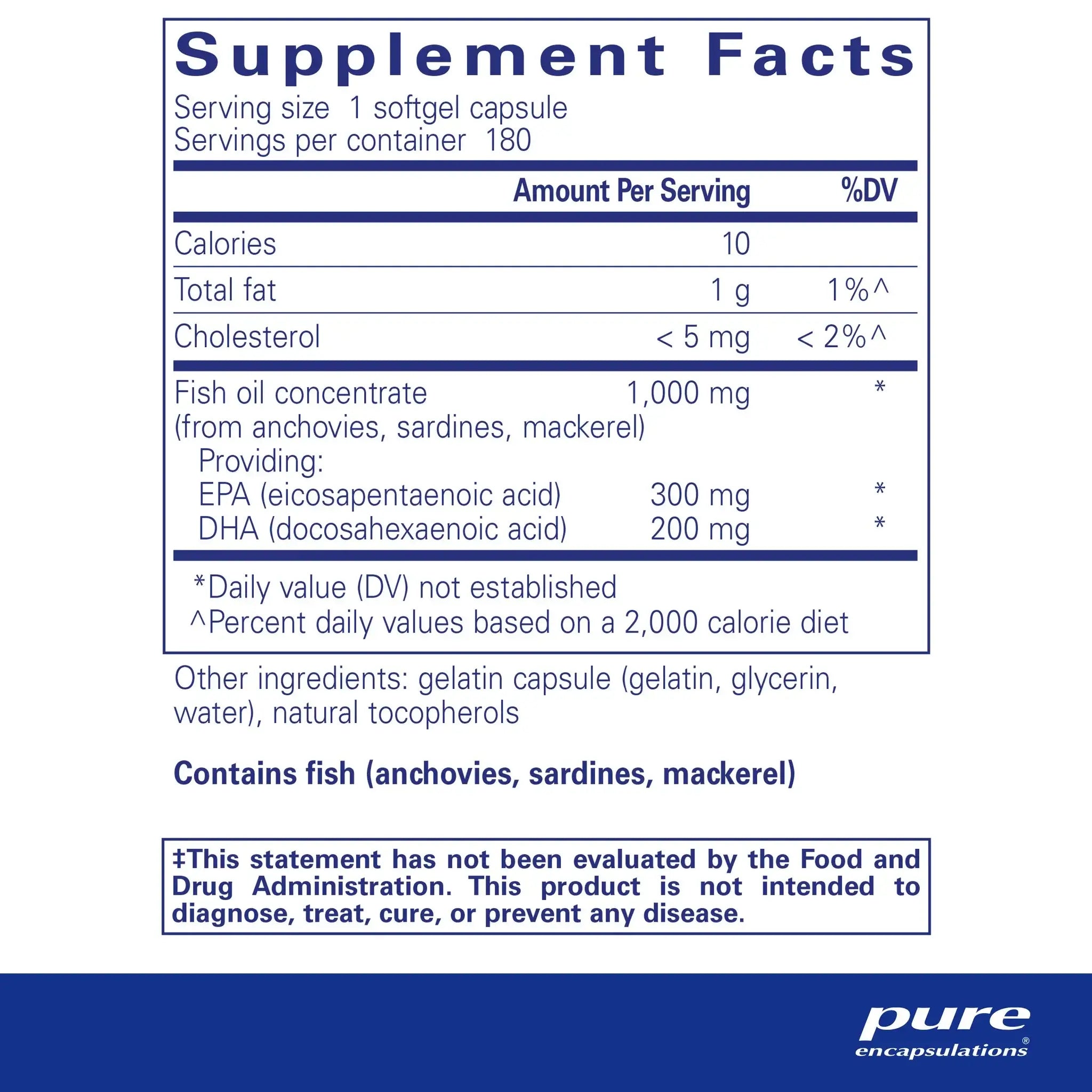 Supplement Facts for Pure Encapsulations EPA DHA Essentials 90 Caps, detailing ingredients and nutritional information.