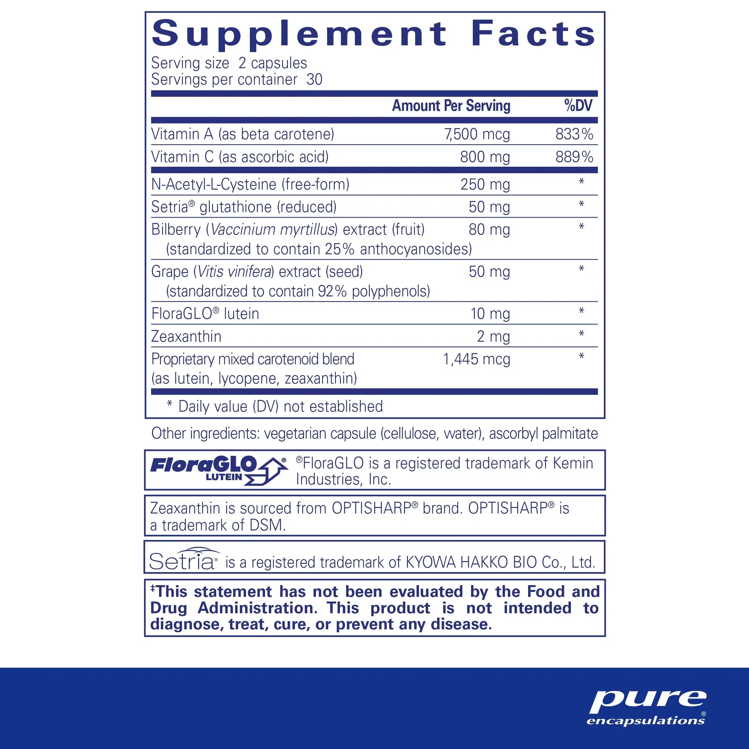Pure Encapsulations Macular Support Formula 60 Caps supplement facts label detailing key ingredients and nutritional information.