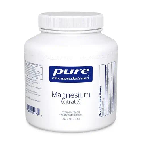 Pure Encapsulations Magnesium (citrate) 180 Caps supplement bottle with dosage information.