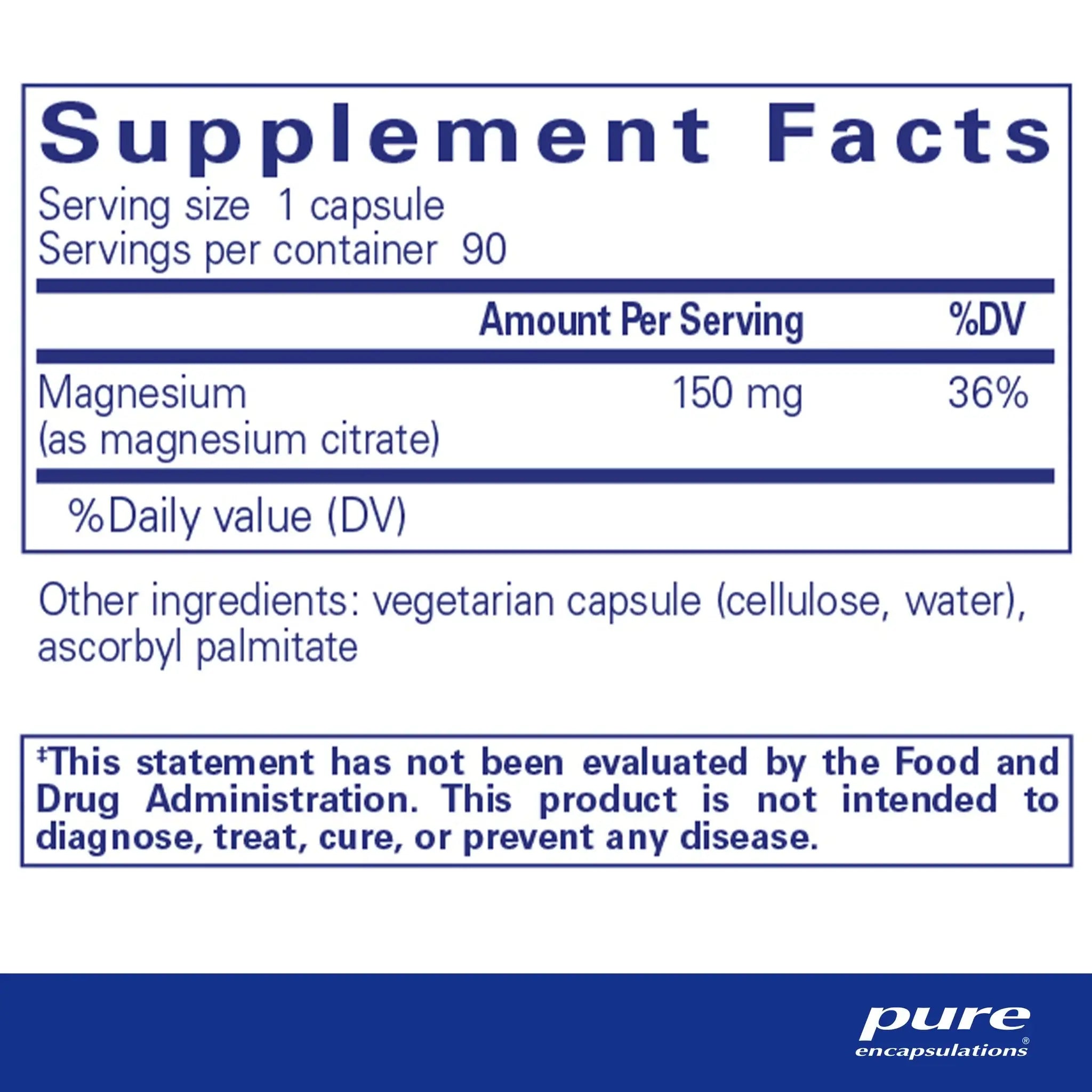 Supplement facts for Pure Encapsulations Magnesium (citrate) 90 Caps showing magnesium content and ingredients.