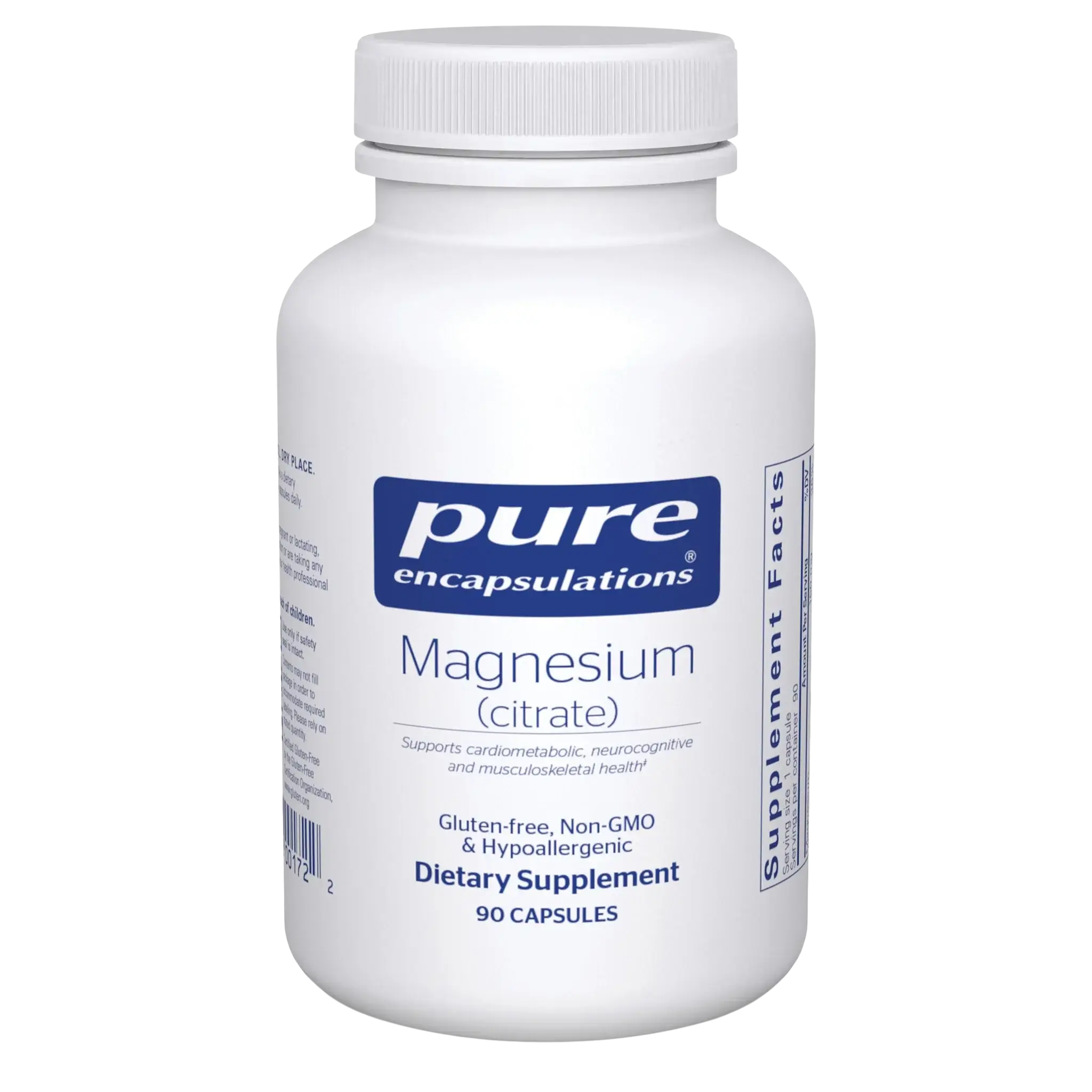 Pure Encapsulations Magnesium (citrate) 90 Caps bottle for health support and wellness, featuring gluten-free and non-GMO attributes.