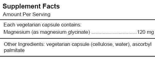 Supplement facts for Pure Encapsulations Magnesium (glycinate) 90 Caps, showing magnesium content and ingredients.
