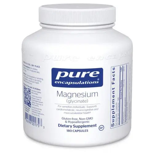 Pure Encapsulations Magnesium (glycinate) 180 Caps container with supplement facts, supports wellbeing and absorption.