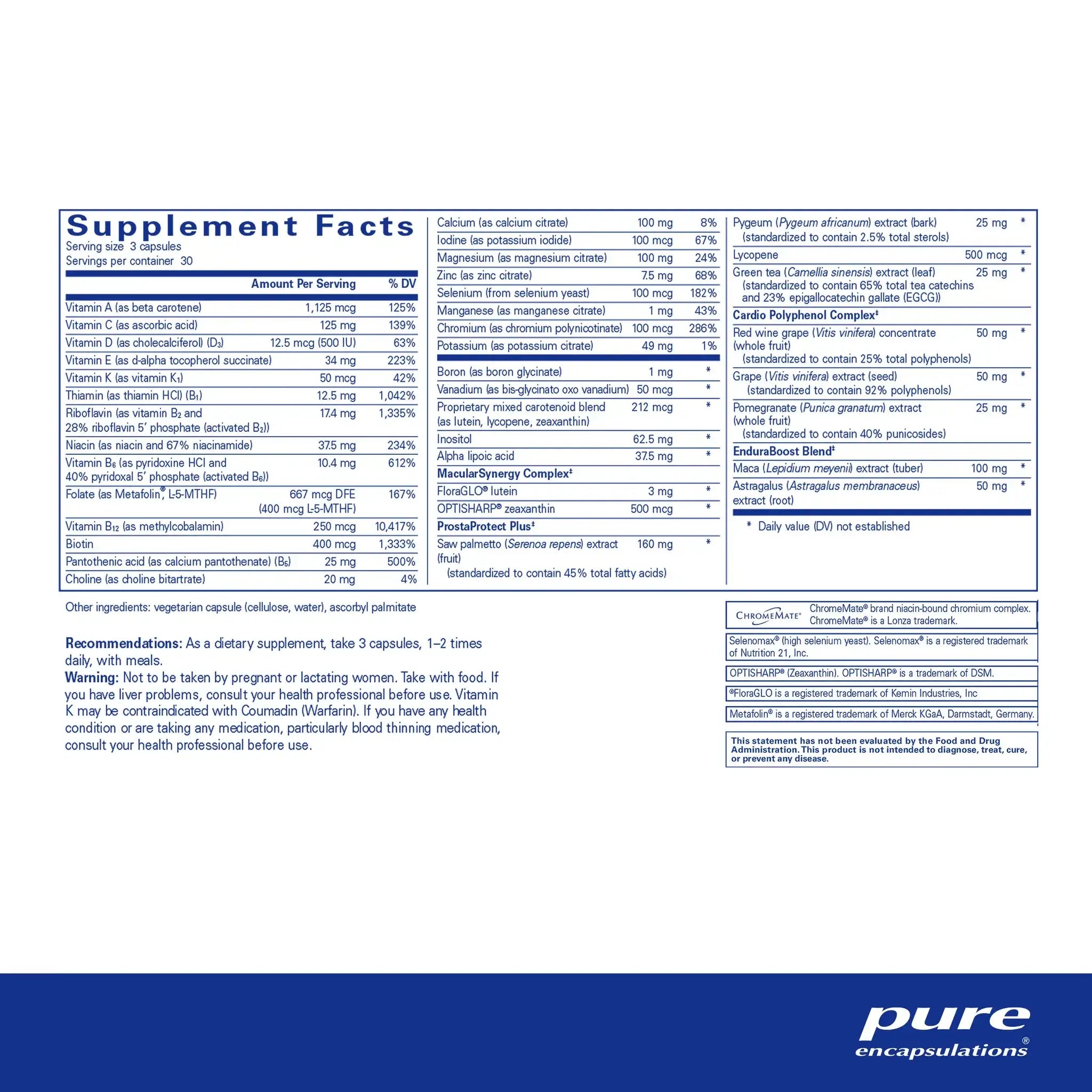 Supplement Facts for Pure Encapsulations Men's Nutrients 180 Caps, a multivitamin for men over 40.
