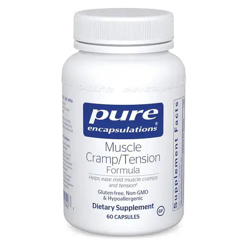 Pure Encapsulations Muscle Cramp/Tension Formula 60 Caps dietary supplement bottle for muscle comfort and relaxation support.