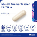 Pure Encapsulations Muscle Cramp/Tension Formula 60 Caps shown with size and certifications.