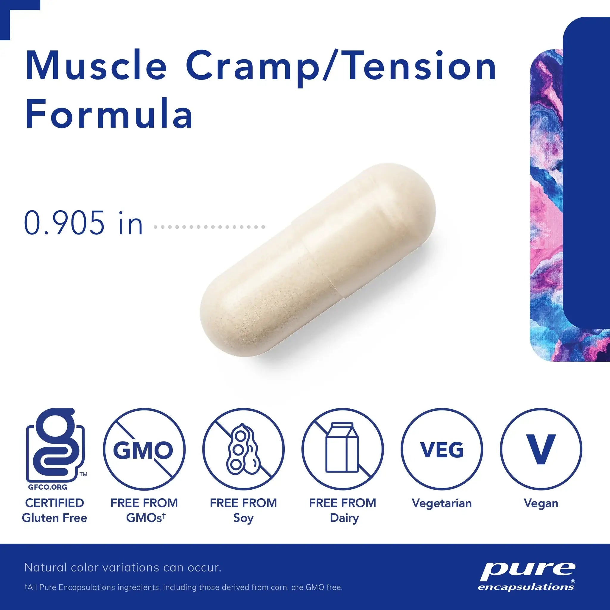 Pure Encapsulations Muscle Cramp/Tension Formula 60 Caps shown with size and certifications.