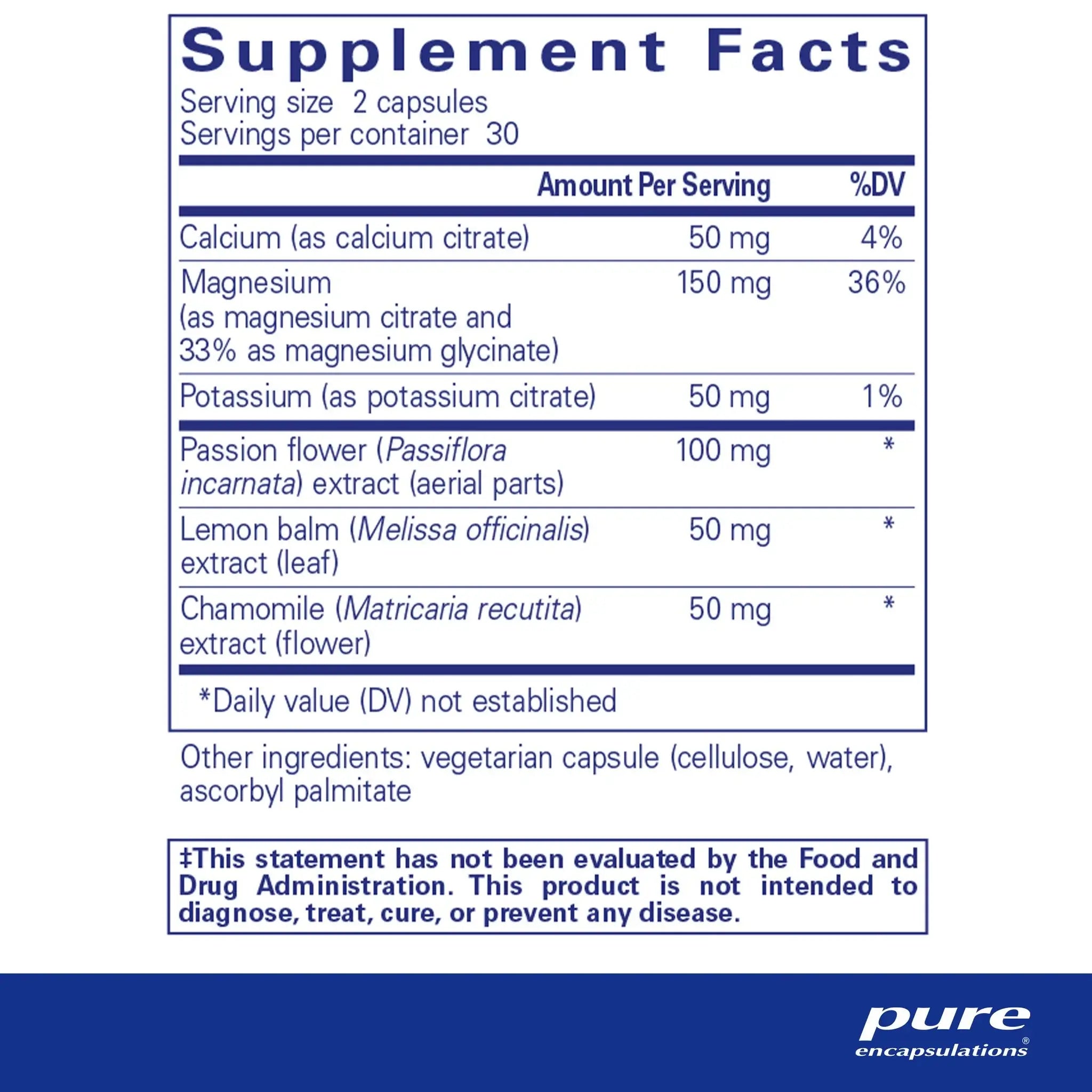 Supplement Facts of Pure Encapsulations Muscle Cramp/Tension Formula 60 Caps, highlighting calcium, magnesium, potassium, and herbal ingredients.