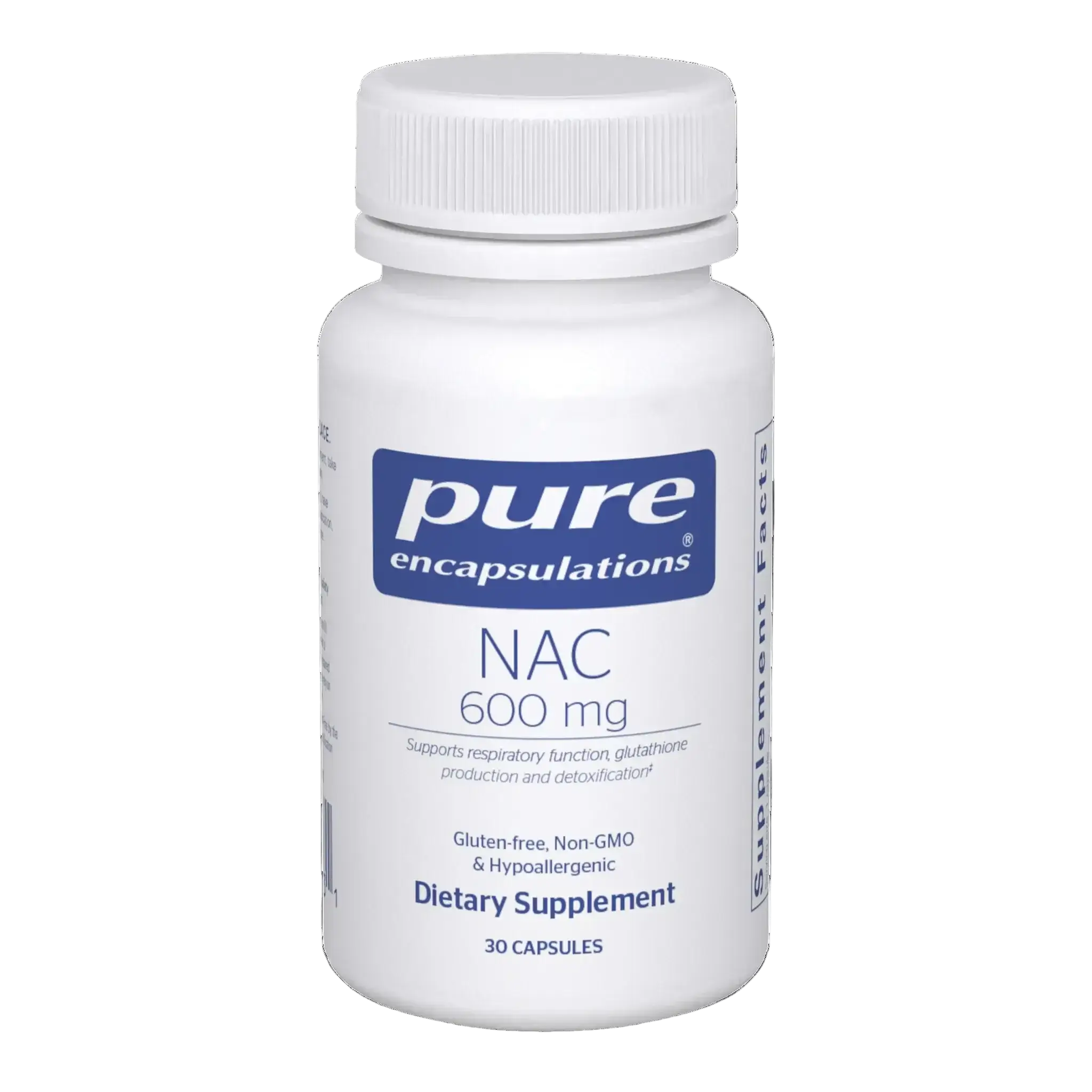 Pure Encapsulations NAC 600mg 90 Caps - Dietary supplement bottle for respiratory support.