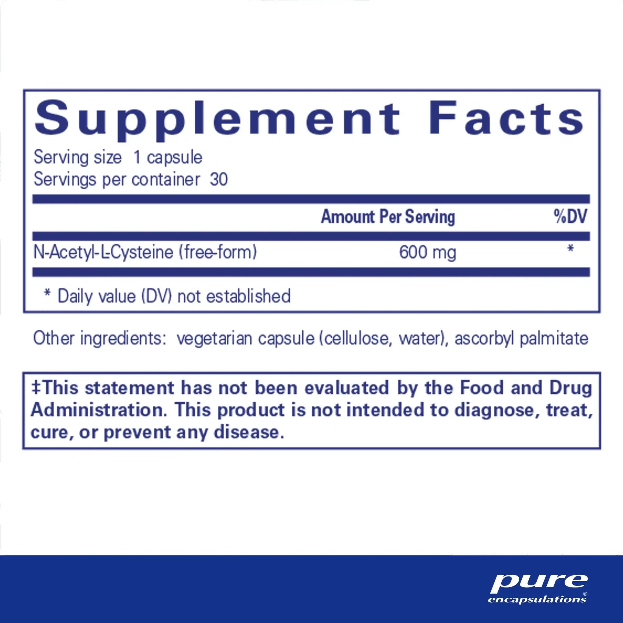Supplement facts for Pure Encapsulations NAC 600mg 90 Caps, showing N-Acetyl-L-Cysteine dosage and ingredients.
