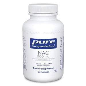 White supplement bottle labeled 'pure encapsulations' with NAC 900 mg on a white background