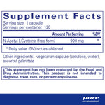 Pure Encapsulations NAC 900mg 120 Caps supplement facts label showing N-Acetyl-L-Cysteine dosage and ingredients.