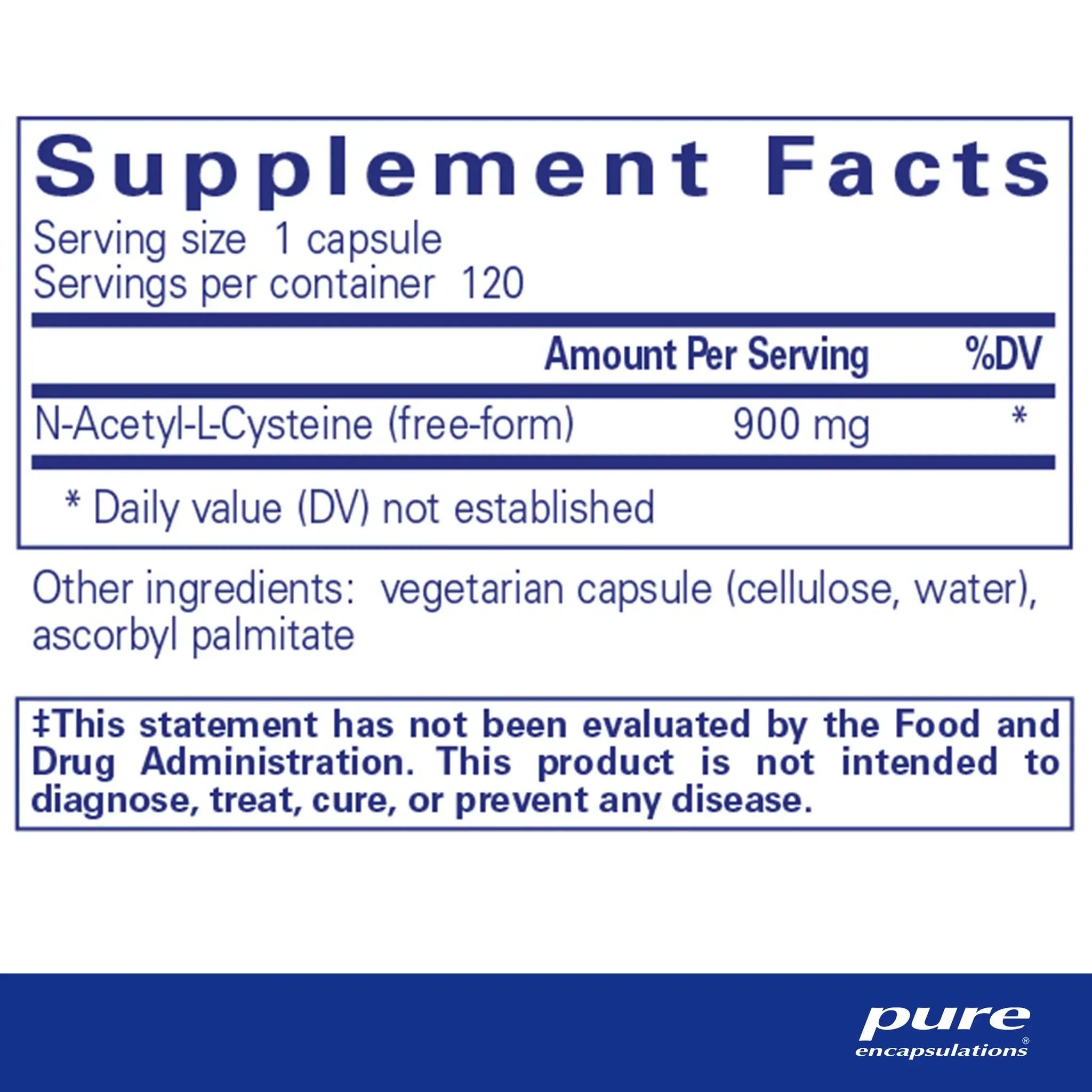 Pure Encapsulations NAC 900mg 120 Caps supplement facts label showing N-Acetyl-L-Cysteine dosage and ingredients.