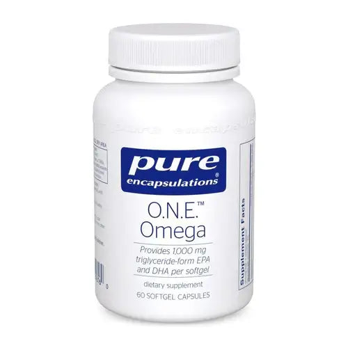 Pure Encapsulations O.N.E. Omega 60 Caps dietary supplement bottle with 1000 mg EPA and DHA per softgel.