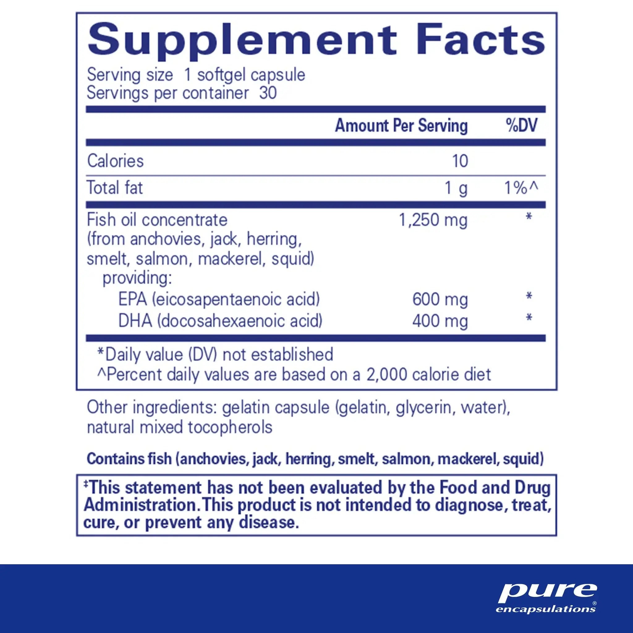 Supplement facts for Pure Encapsulations O.N.E. Omega 60 Caps, including fish oil concentrate and more.