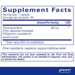 Supplement facts for Pure Encapsulations Resveratrol 60 Caps showing trans-resveratrol content.