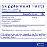 Supplement facts for Pure Encapsulations Resveratrol 60 Caps showing trans-resveratrol content.