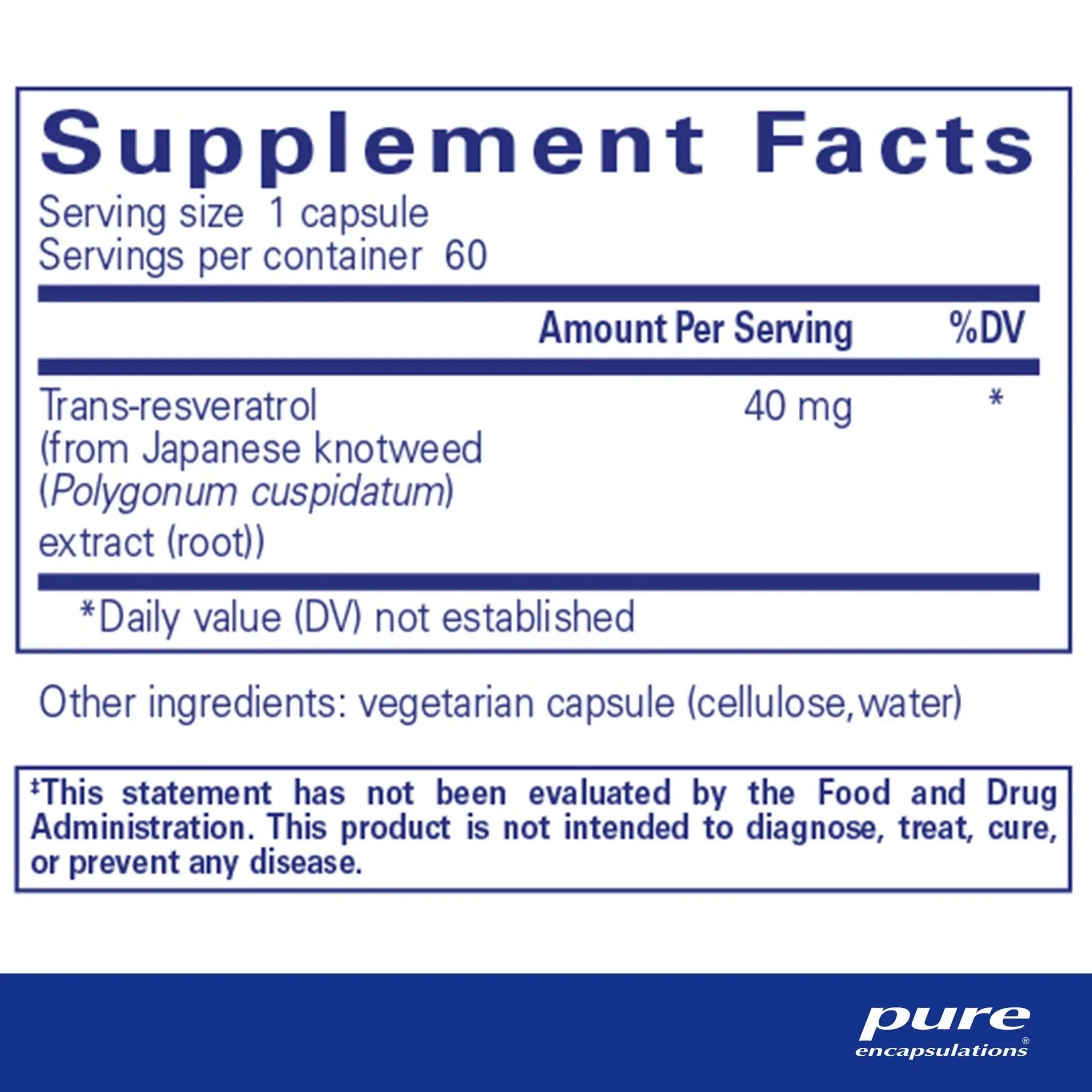 Supplement facts for Pure Encapsulations Resveratrol 60 Caps showing trans-resveratrol content.