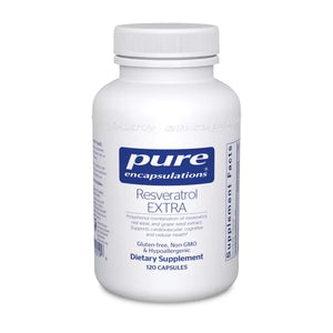 White supplement bottle labeled 'pure encapsulations Resveratrol EXTRA' on a white background